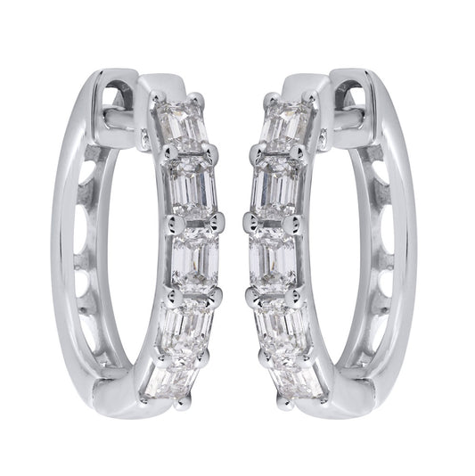 This Earring is available in 14K White Gold. There are a total of 10 stones. There are Emerald Cut with a total carat weight of 0.75 set in a  setting.
