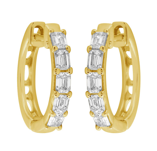 This Earring is available in 14K Yellow Gold. There are a total of 10 stones. There are Emerald Cut with a total carat weight of 0.75 set in a  setting.