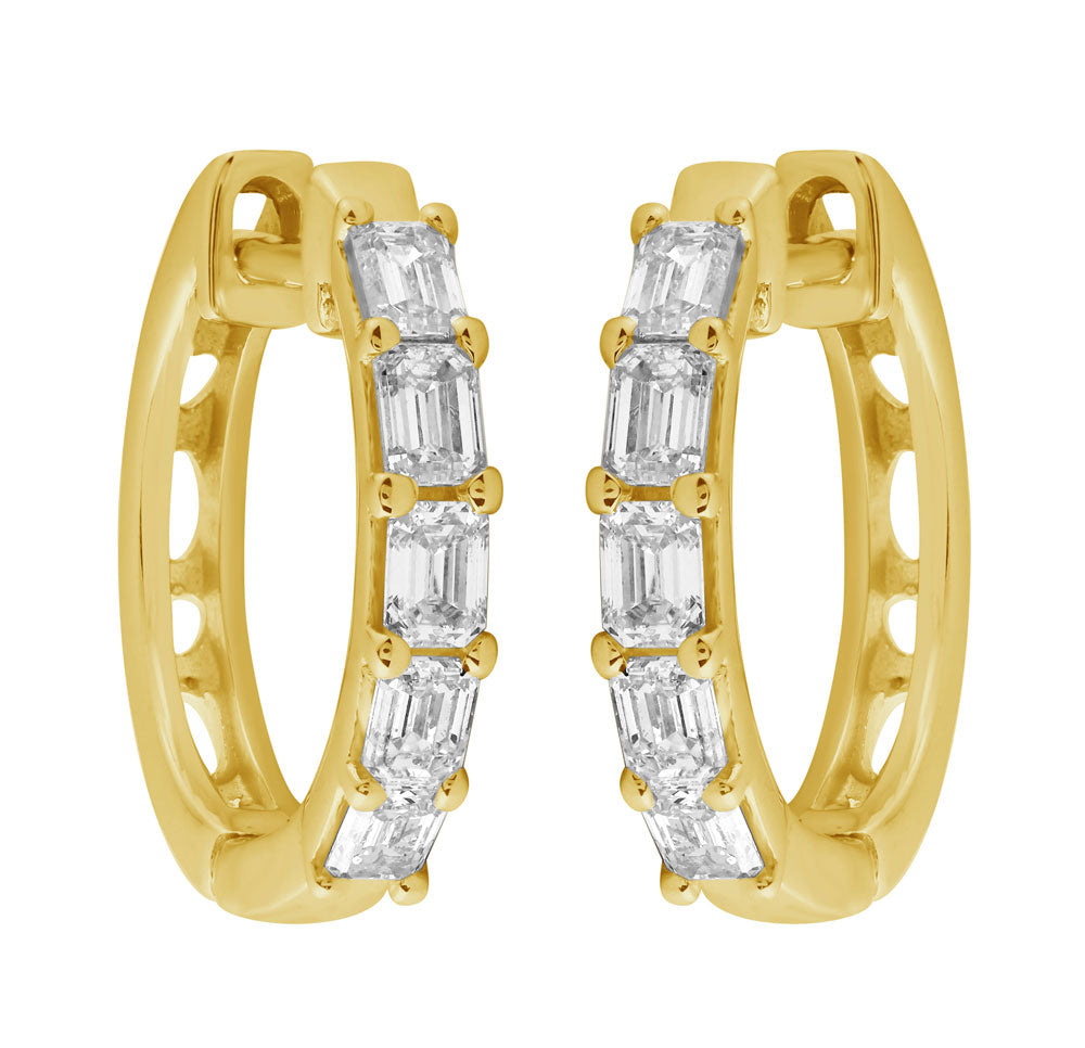 This Earring is available in 14K Yellow Gold. There are a total of 10 stones. There are Emerald Cut with a total carat weight of 0.75 set in a  setting.