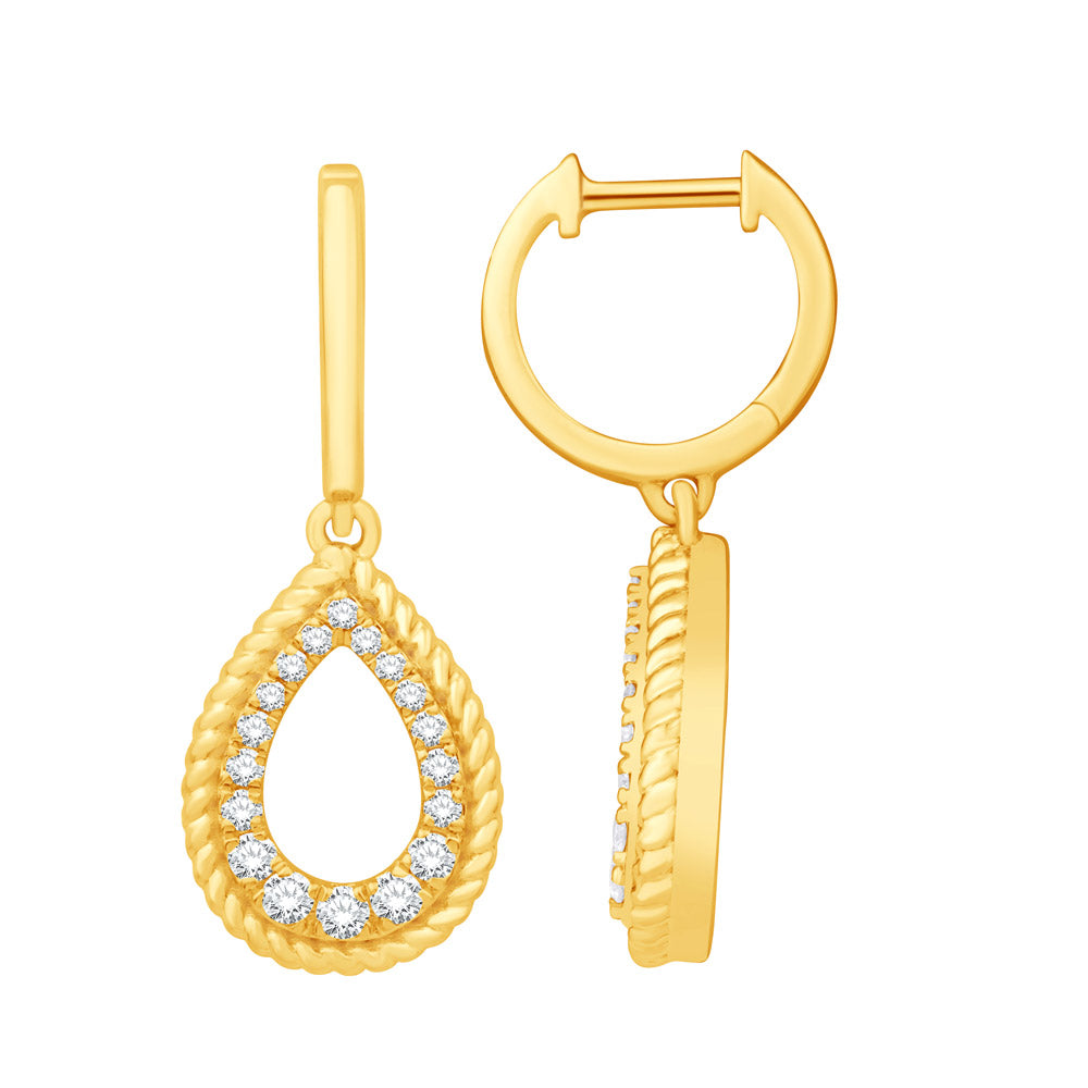 This Earring is available in 14K Yellow Gold. There are a total of 36 stones. There are Rounds with a total carat weight of 0.27 set in a Micro Prong|Prong Set setting.