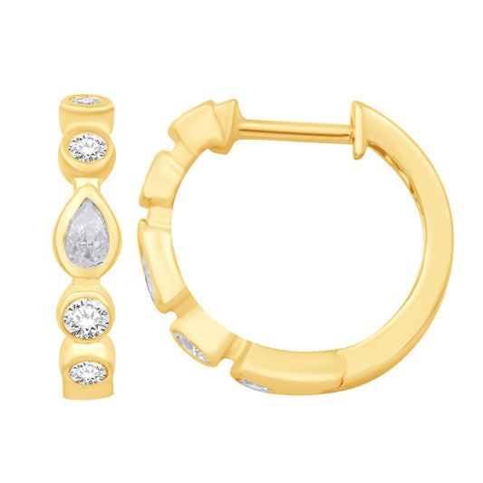 This Earring is available in 14K Yellow Gold. There are a total of 10 stones. There are Pear Shape with a total carat weight of 0.15 set in a Bezel Set setting.There are Rounds stones with a total carat weight of 0.25 set in a Bezel Set.