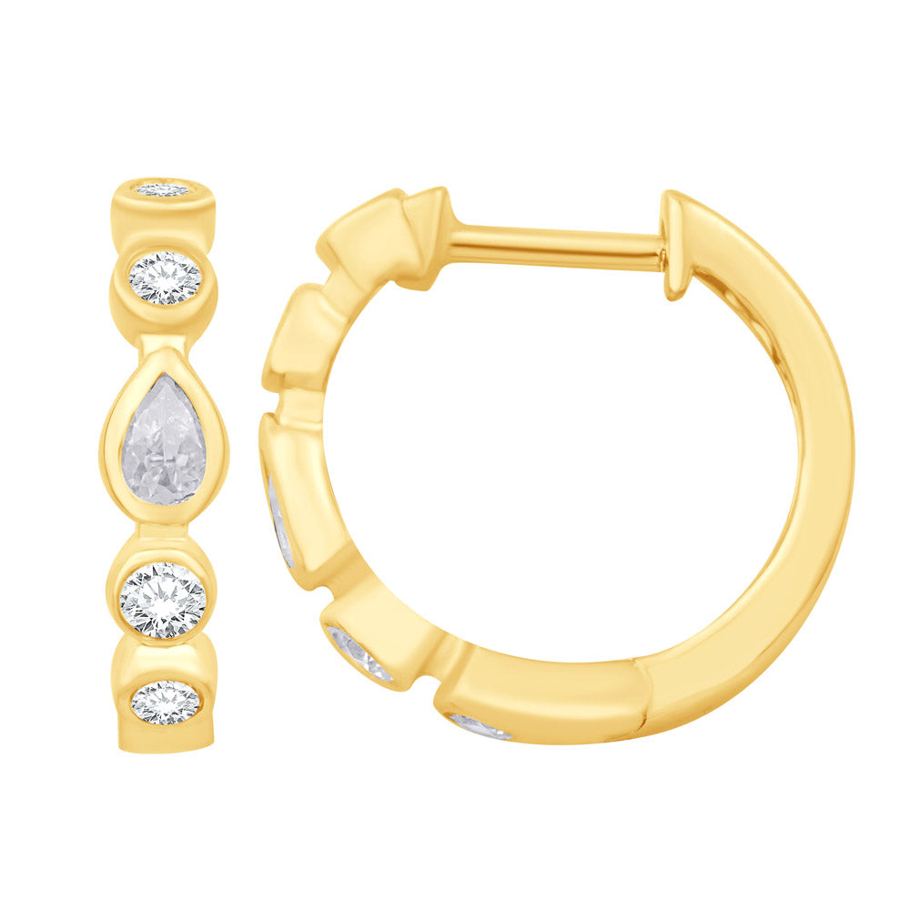 This Earring is available in 14K Yellow Gold. There are a total of 10 stones. There are Pear Shape with a total carat weight of 0.15 set in a Bezel Set setting.There are Rounds stones with a total carat weight of 0.25 set in a Bezel Set.