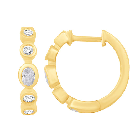 This Earring is available in 14K Yellow Gold. There are a total of 10 stones. There are Oval with a total carat weight of 0.17 set in a Bezel Set setting.There are Rounds stones with a total carat weight of 0.25 set in a Bezel Set.