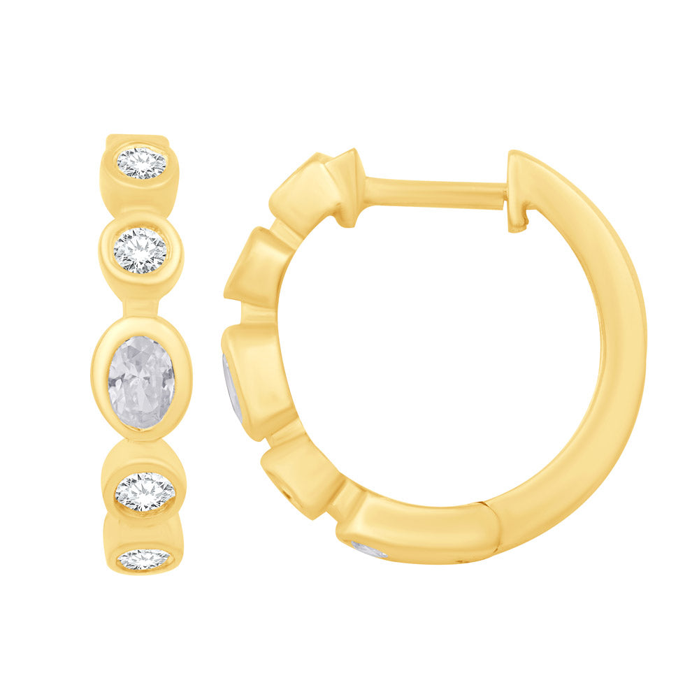 This Earring is available in 14K Yellow Gold. There are a total of 10 stones. There are Oval with a total carat weight of 0.17 set in a Bezel Set setting.There are Rounds stones with a total carat weight of 0.25 set in a Bezel Set.