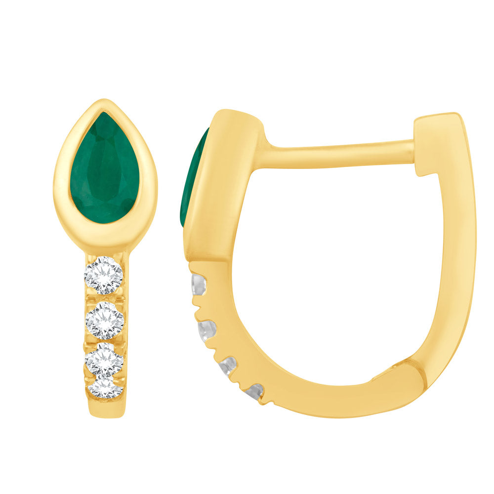 This Earring is available in 14K Yellow Gold. There are a total of 10 stones. There are Emerald with a total carat weight of 0.39 set in a Bezel Set|Prong Set setting.There are Rounds stones with a total carat weight of 0.13 set in a Bezel Set|Prong Set.