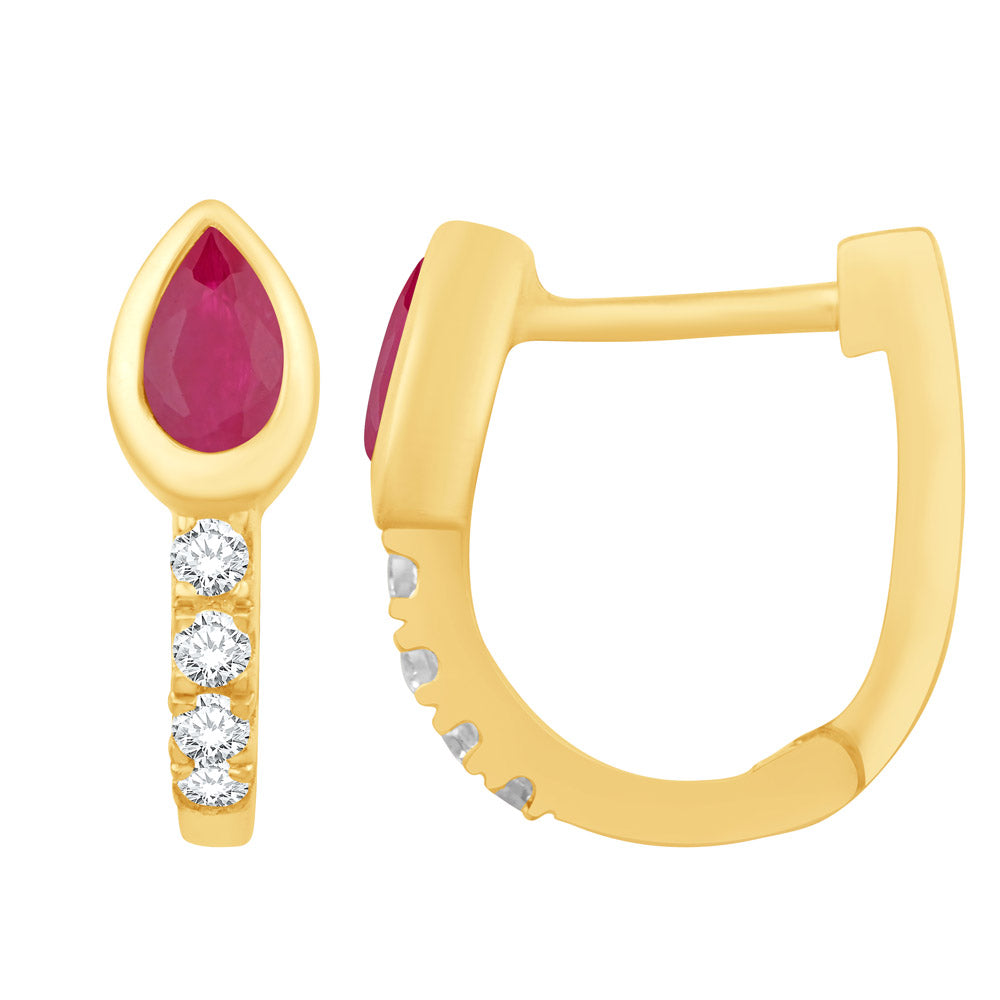 This Earring is available in 14K Yellow Gold. There are a total of 10 stones. There are Rounds with a total carat weight of 0.13 set in a Bezel Set|Prong Set setting.There are Ruby stones with a total carat weight of 0.42 set in a Bezel Set|Prong Set.