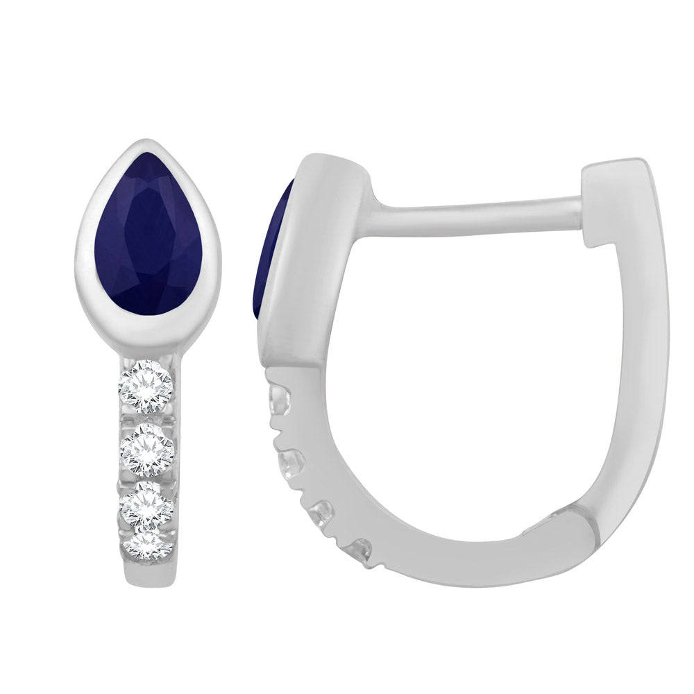 This Earring is available in 14K White Gold. There are a total of 10 stones. There are Rounds with a total carat weight of 0.13 set in a Bezel Set|Prong Set setting.There are Sapphire stones with a total carat weight of 0.55 set in a Bezel Set|Prong Set.