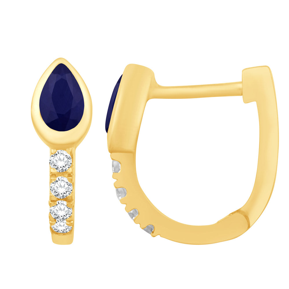 This Earring is available in 14K Yellow Gold. There are a total of 10 stones. There are Rounds with a total carat weight of 0.13 set in a Bezel Set|Prong Set setting.There are Sapphire stones with a total carat weight of 0.55 set in a Bezel Set|Prong Set.