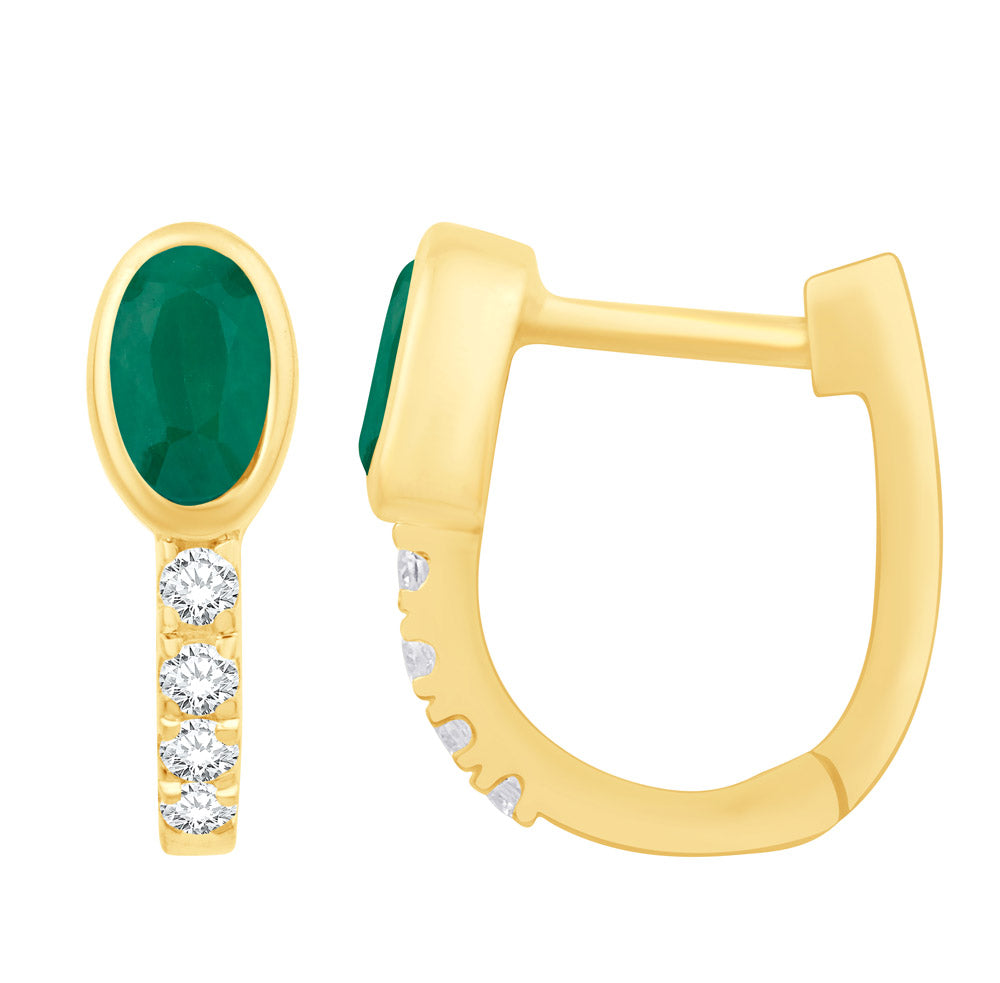 This Earring is available in 14K Yellow Gold. There are a total of 10 stones. There are Emerald with a total carat weight of 0.47 set in a Bezel Set|Prong Set setting.There are Rounds stones with a total carat weight of 0.13 set in a Bezel Set|Prong Set.