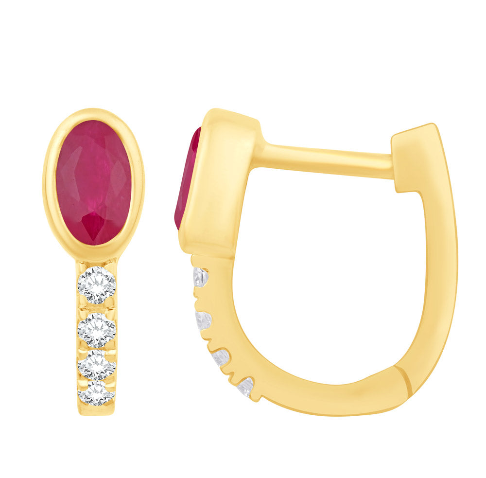 This Earring is available in 14K Yellow Gold. There are a total of 10 stones. There are Rounds with a total carat weight of 0.13 set in a Bezel Set|Prong Set setting.There are Ruby stones with a total carat weight of 0.71 set in a Bezel Set|Prong Set.