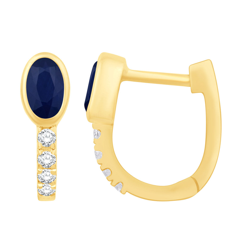 This Earring is available in 14K Yellow Gold. There are a total of 10 stones. There are Rounds with a total carat weight of 0.13 set in a Bezel Set|Prong Set setting.There are Sapphire stones with a total carat weight of 0.61 set in a Bezel Set|Prong Set.