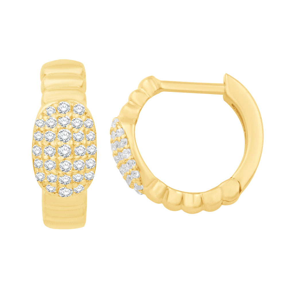 This Earring is available in 14K Yellow Gold. There are a total of 62 stones. There are Rounds with a total carat weight of 0.22 set in a Micro Prong setting.