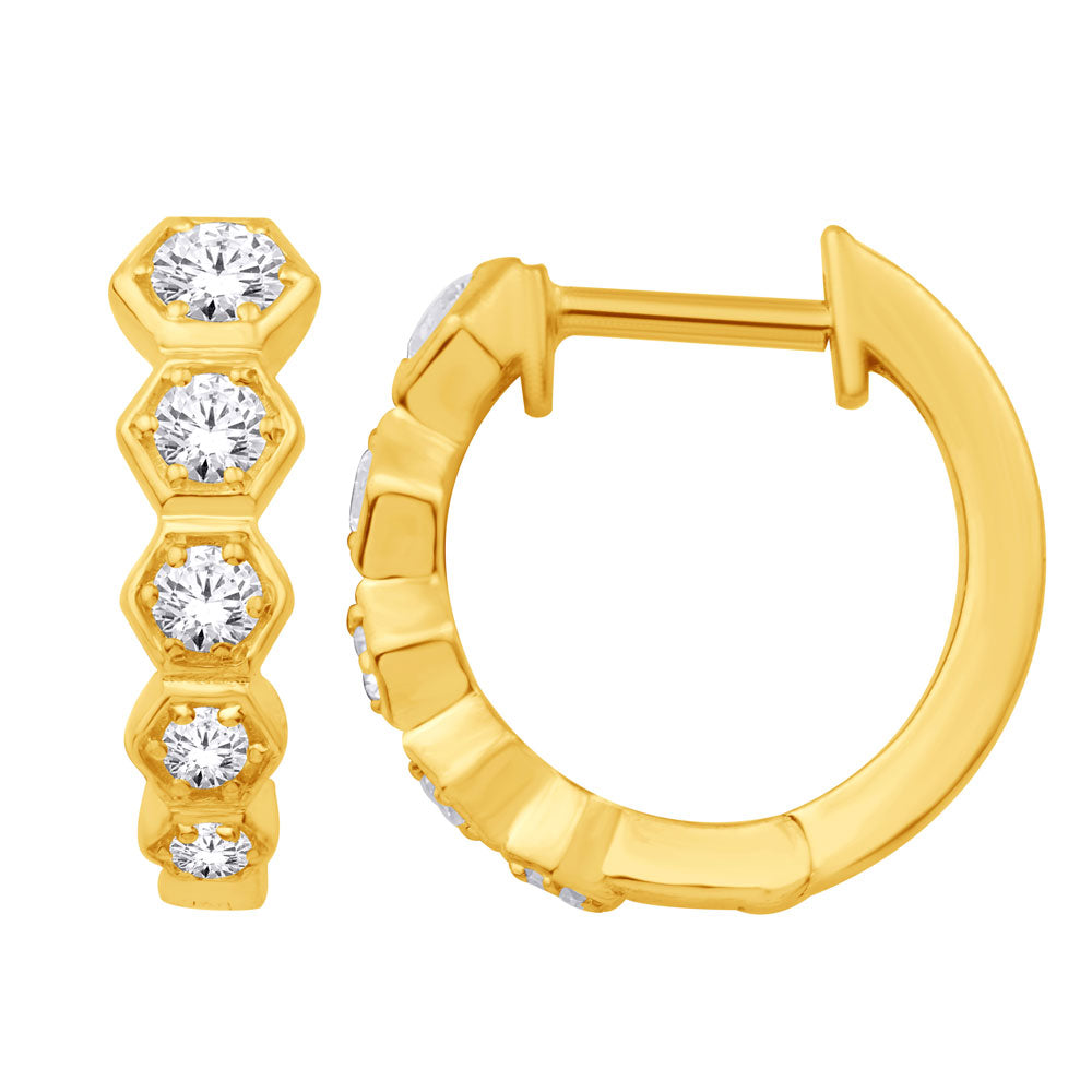 This Earring is available in 14K Yellow Gold. There are a total of 10 stones. There are Rounds with a total carat weight of 0.4 set in a Micro Prong setting.