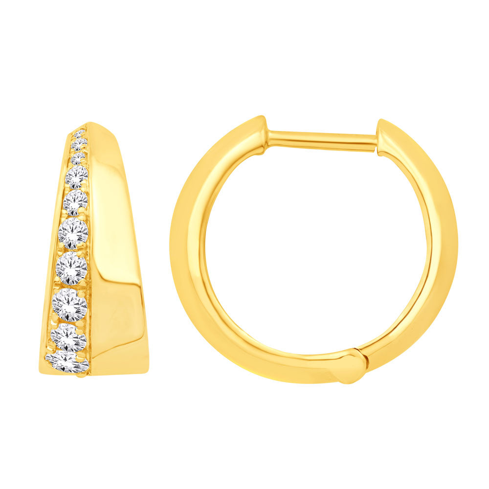 This Earring is available in 14K Yellow Gold. There are a total of 20 stones. There are Rounds with a total carat weight of 0.52 set in a Micro Prong|Prong Set setting.