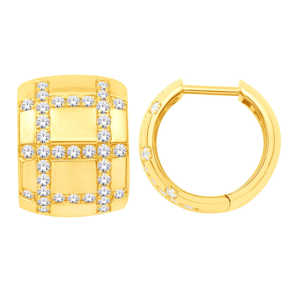 This Earring is available in 14K Yellow Gold. There are a total of 74 stones. There are Rounds with a total carat weight of 0.86 set in a Micro Prong setting.