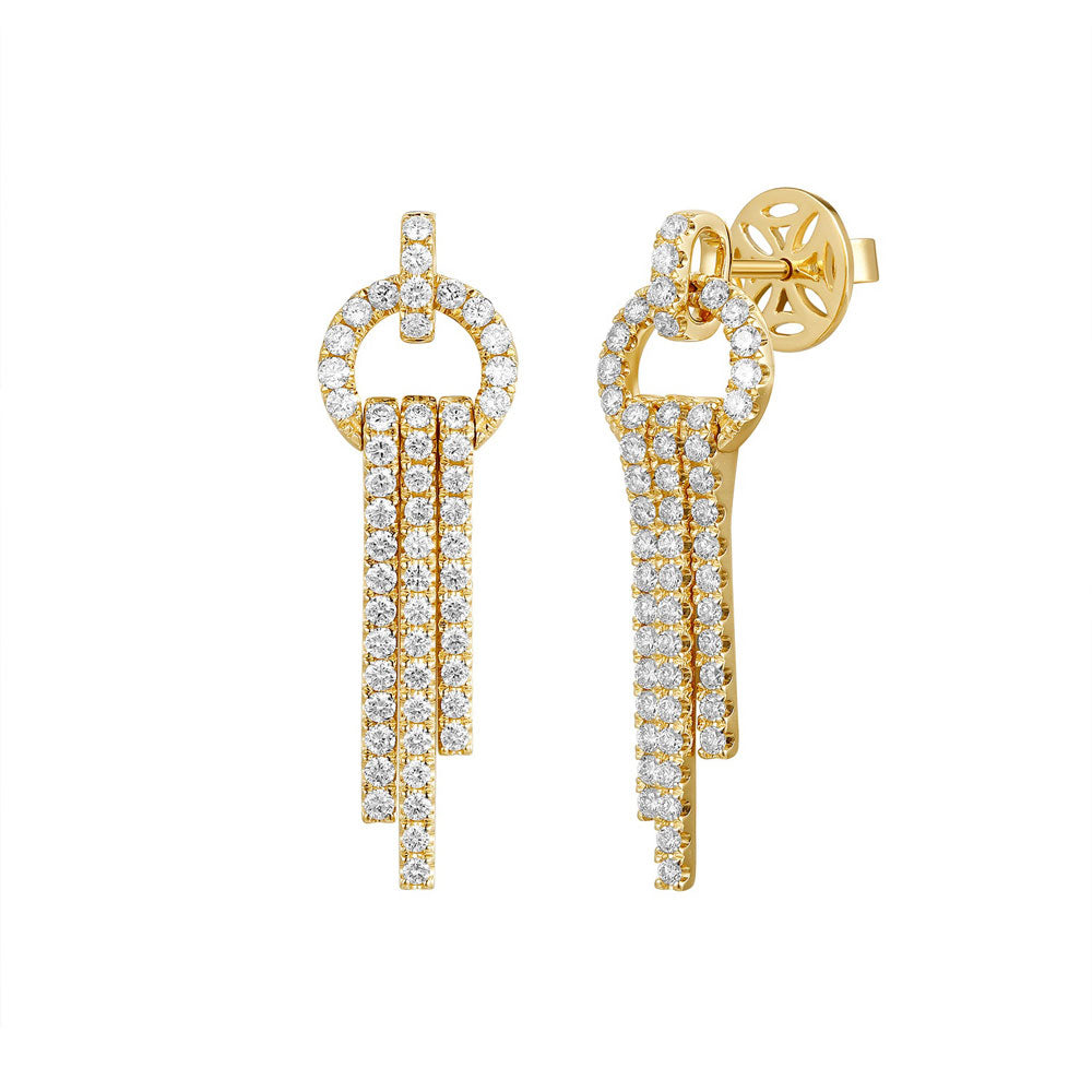 This Earring is available in 14K Yellow Gold. There are a total of 106 stones. There are Rounds with a total carat weight of 1.41 set in a Prong Set setting.