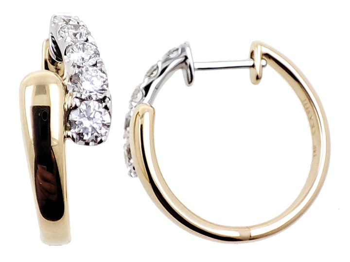 This Earring is available in 14K Yellow & White Gold. There are a total of 10 stones. There are Rounds with a total carat weight of 0.75 set in a Prong Set setting.