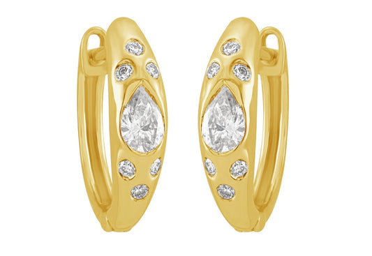 This Earring is available in 14K Yellow Gold. There are a total of 14 stones. There are Pear Shape with a total carat weight of 0.39 set in a Bezel Set setting.There are Rounds stones with a total carat weight of 0.18 set in a Bezel Set.