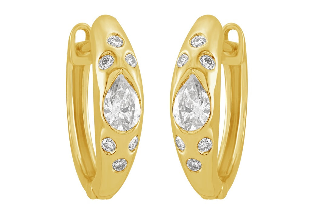 This Earring is available in 14K Yellow Gold. There are a total of 14 stones. There are Pear Shape with a total carat weight of 0.39 set in a Bezel Set setting.There are Rounds stones with a total carat weight of 0.18 set in a Bezel Set.