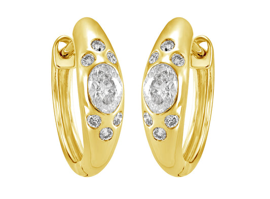 This Earring is available in 14K Yellow Gold. There are a total of 14 stones. There are Oval with a total carat weight of 0.39 set in a Bezel Set setting.There are Rounds stones with a total carat weight of 0.14 set in a Bezel Set.