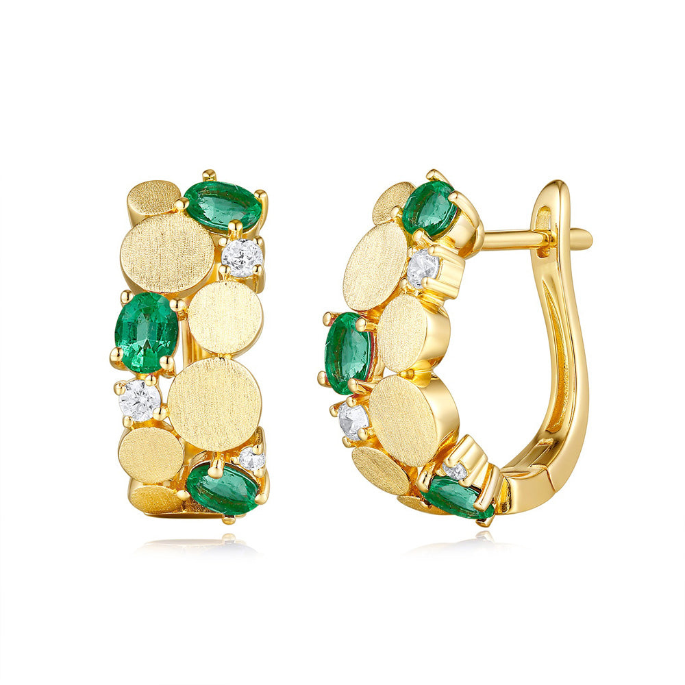 This Earring is available in 14K Yellow Gold. There are a total of 12 stones. There are Emerald with a total carat weight of 1.02 set in a Prong Set setting.There are Rounds stones with a total carat weight of 0.16 set in a Prong Set.