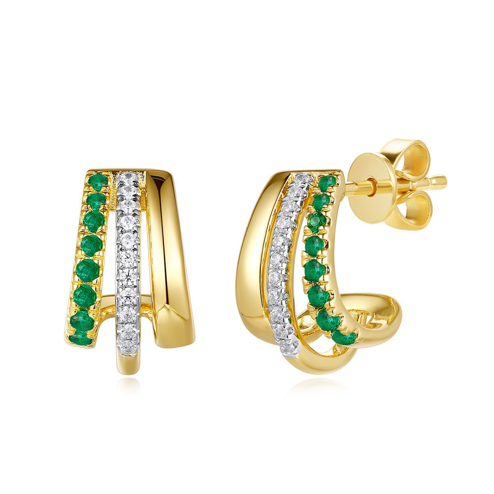 This Earring is available in 14K Yellow Gold. There are a total of 38 stones. There are Emerald with a total carat weight of 0.2 set in a Micro Prong setting.There are Rounds stones with a total carat weight of 0.12 set in a Micro Prong.