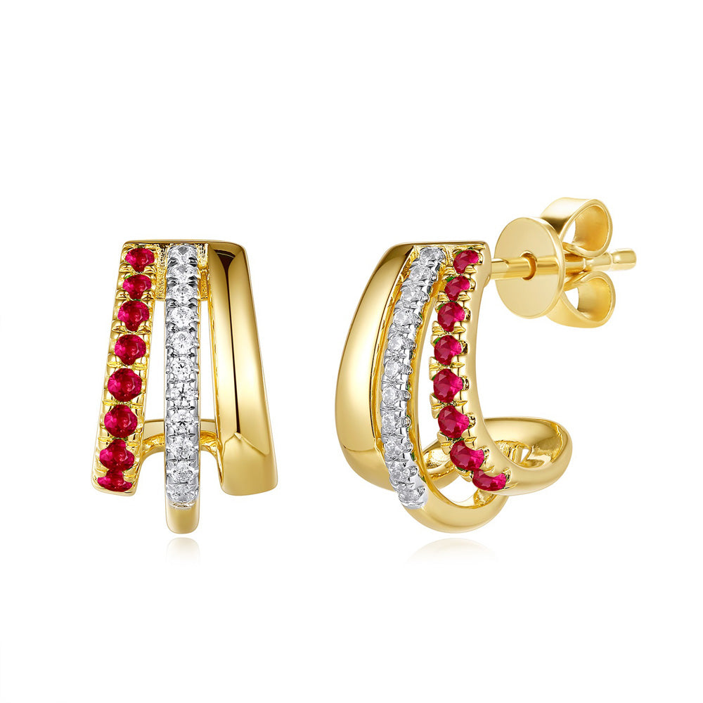 This Earring is available in 14K Yellow Gold. There are a total of 38 stones. There are Rounds with a total carat weight of 0.12 set in a Micro Prong setting.There are Ruby stones with a total carat weight of 0.22 set in a Micro Prong.