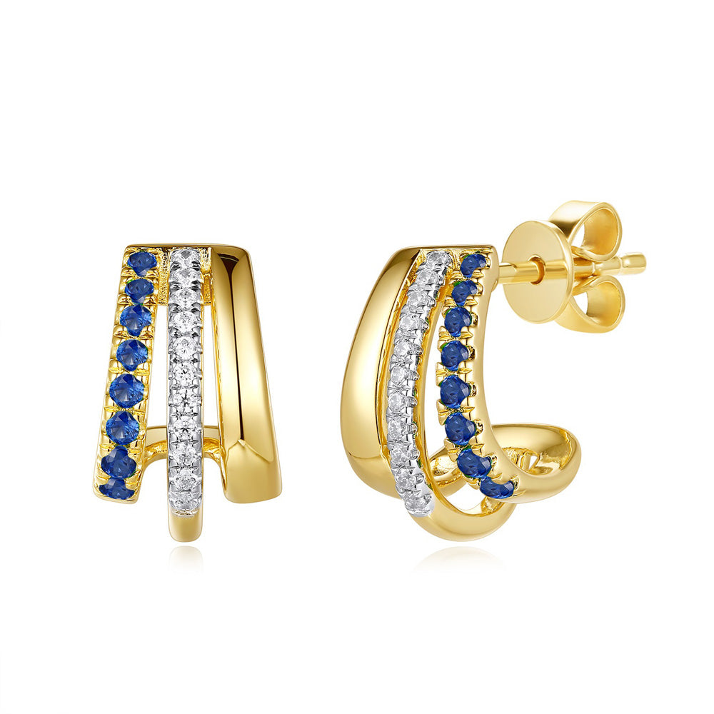 This Earring is available in 14K Yellow Gold. There are a total of 38 stones. There are Rounds with a total carat weight of 0.1 set in a Micro Prong setting.There are Sapphire stones with a total carat weight of 0.24 set in a Micro Prong.