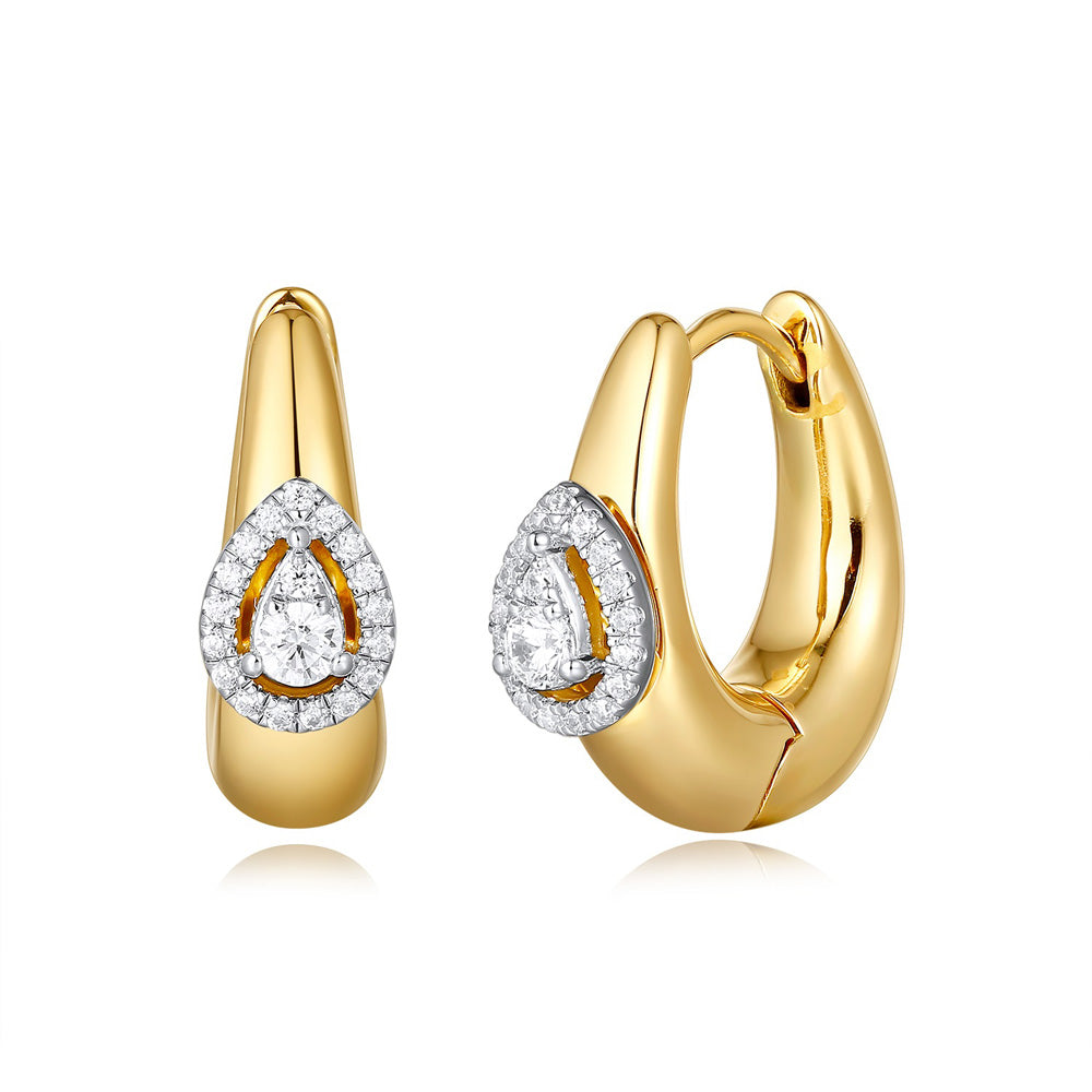 This Earring is available in 14K Yellow Gold. There are a total of 38 stones. There are Rounds with a total carat weight of 0.18 set in a Micro Prong setting.
