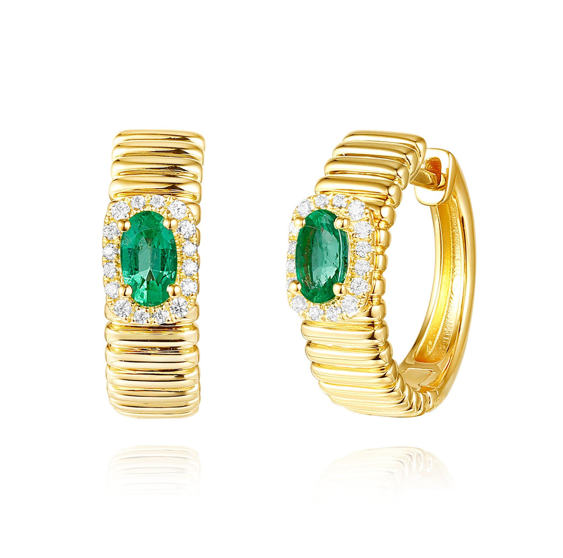 This Earring is available in 14K Yellow Gold. There are a total of 34 stones. There are Emerald with a total carat weight of 0.46 set in a Micro Prong|Prong Set setting.There are Rounds stones with a total carat weight of 0.12 set in a Micro Prong|Prong Set.
