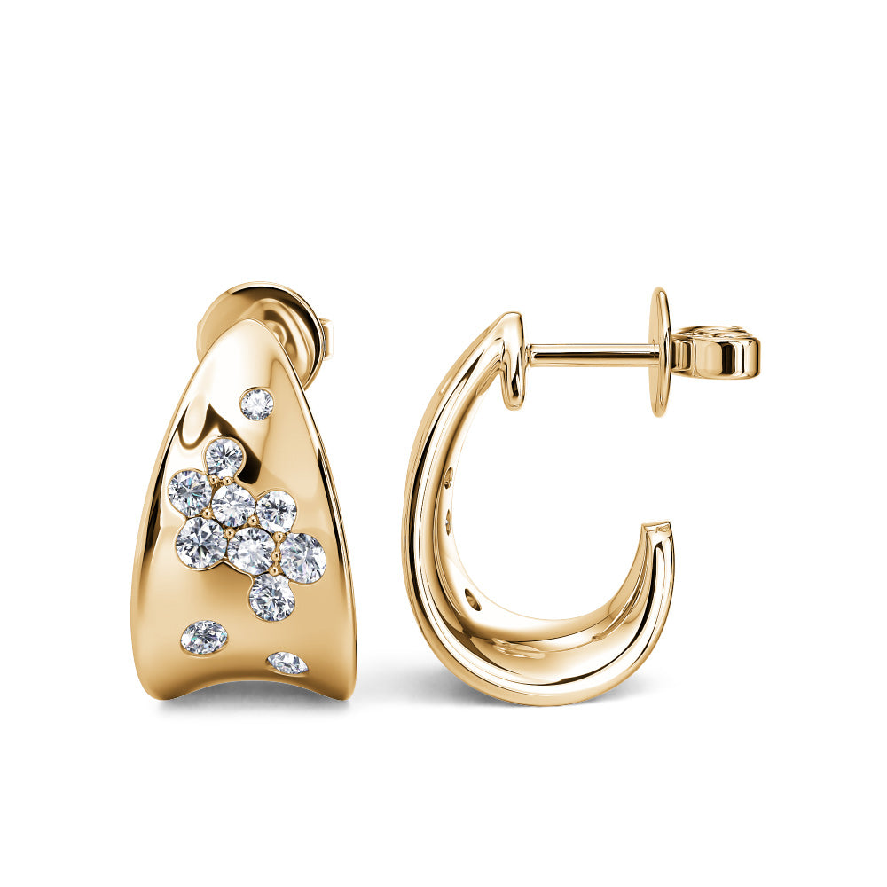 This Earring is available in 14K Yellow Gold. There are a total of 22 stones. There are Rounds with a total carat weight of 0.59 set in a Micro Pave setting.