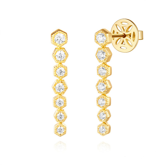 This Earring is available in 14K Yellow Gold. There are a total of 14 stones. There are Rounds with a total carat weight of 0.6 set in a Prong Set setting.