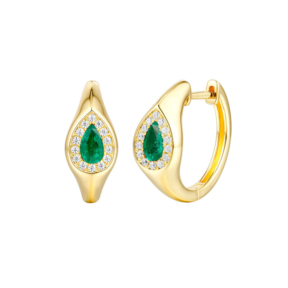 This Earring is available in 14K Yellow Gold. There are a total of 30 stones. There are Emerald with a total carat weight of 0.39 set in a Micro Prong setting.There are Rounds stones with a total carat weight of 0.14 set in a Micro Prong.