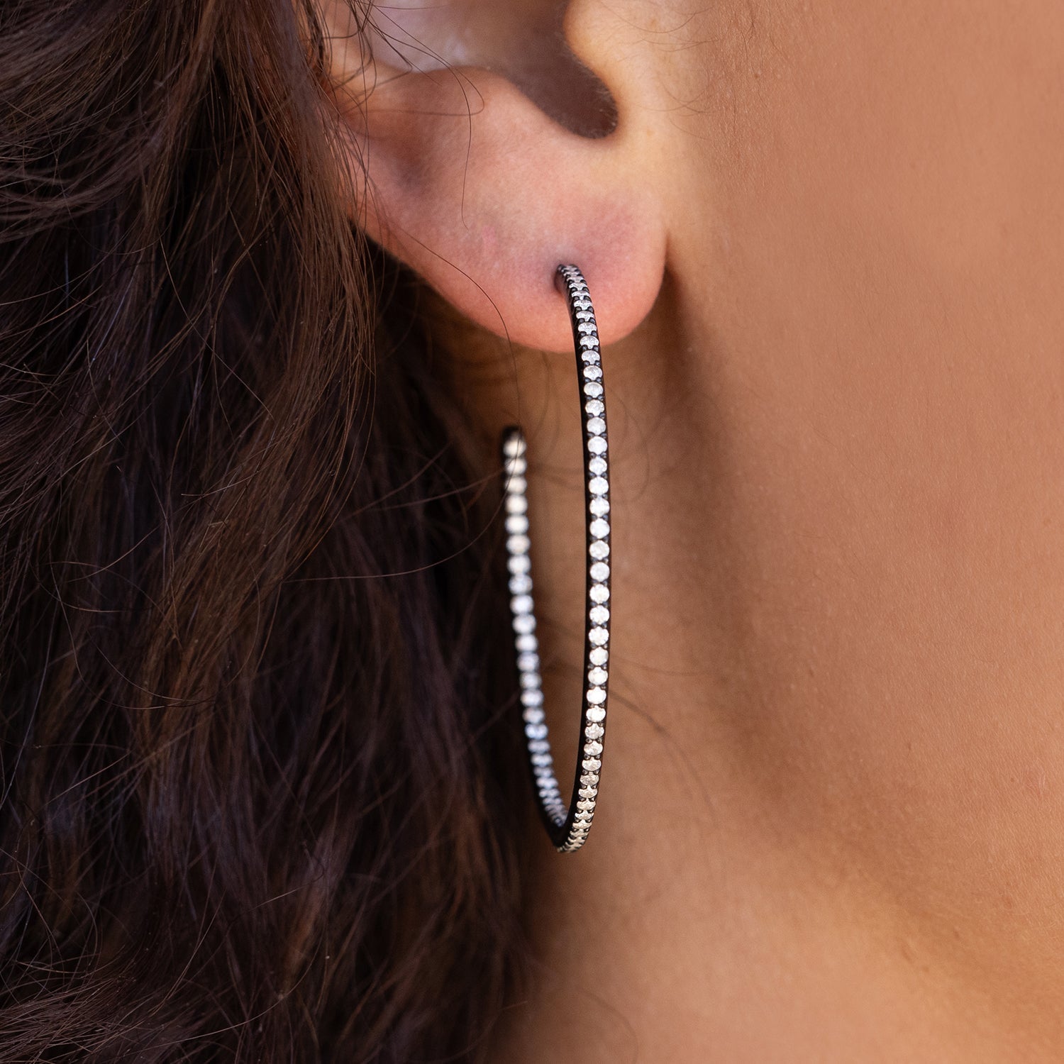 Black Hoop Earrings with White Diamonds
