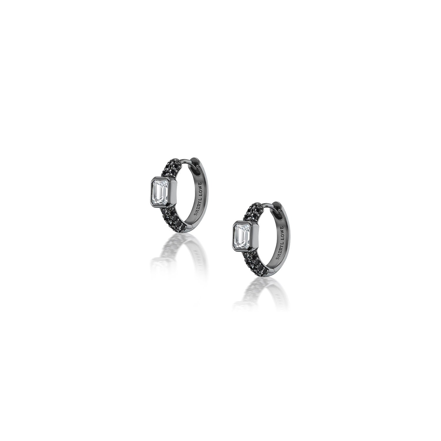 3 Row Black Diamond Huggies with White Topaz Bezel Earrings