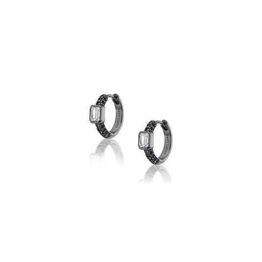 3 Row Black Diamond Huggies with White Topaz Bezel Earrings