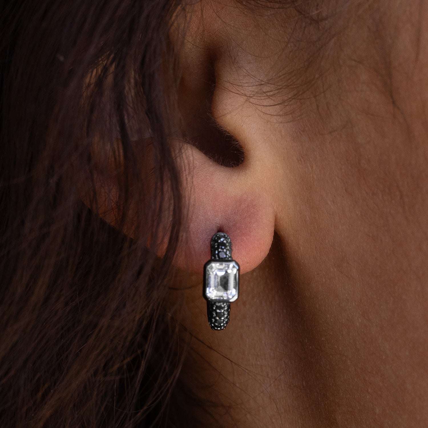 3 Row Black Diamond Huggies with White Topaz Bezel Earrings