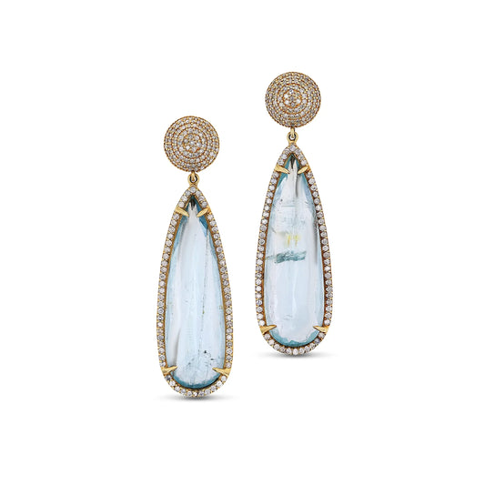 14k Aquamarine Teardrop Earrings with Diamond Dome Tops - One of a Kind