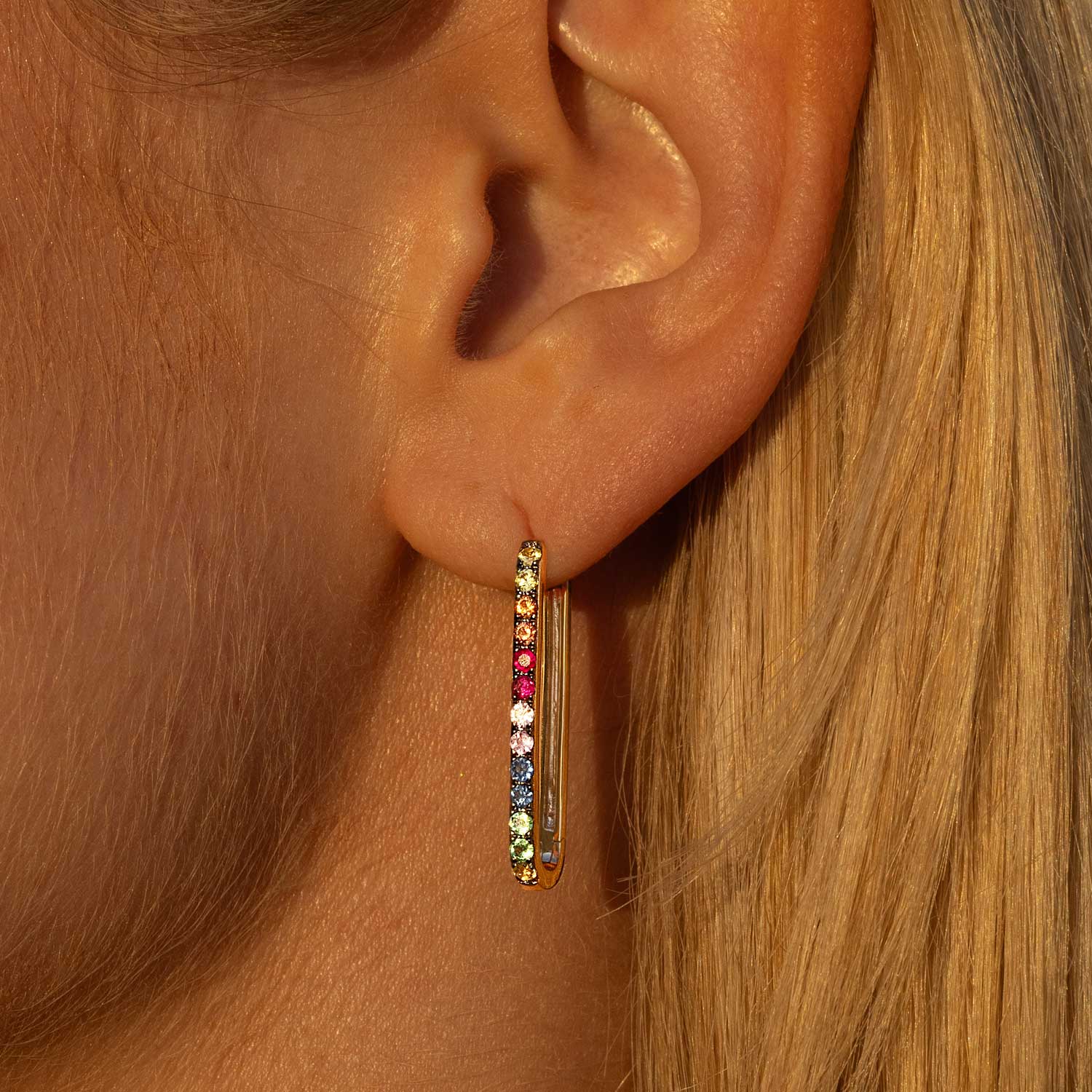 14k Rainbow Sapphire Stone Paperclip Earrings