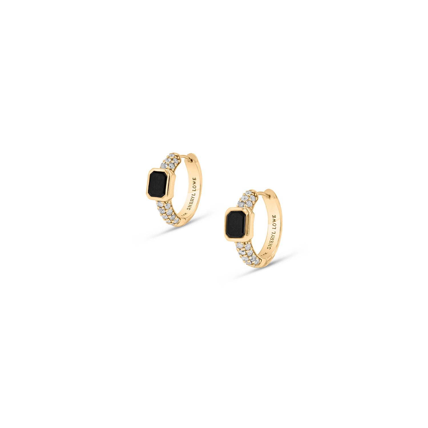 14k 3 Row Diamond Huggies with Black Diamond Bezel Earrings