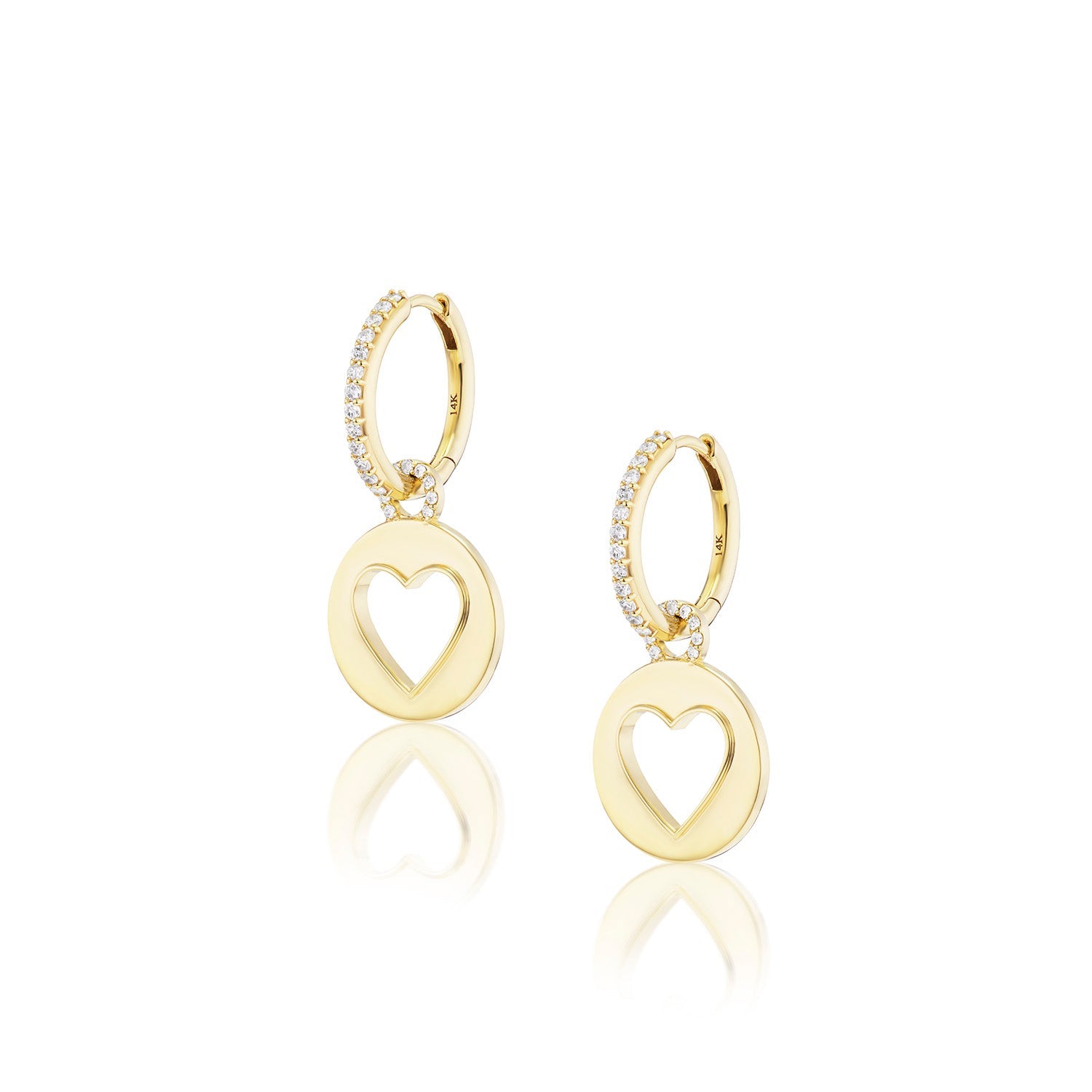 14k Open Heart Charm Drops on Diamond Huggie Hoop Earrings