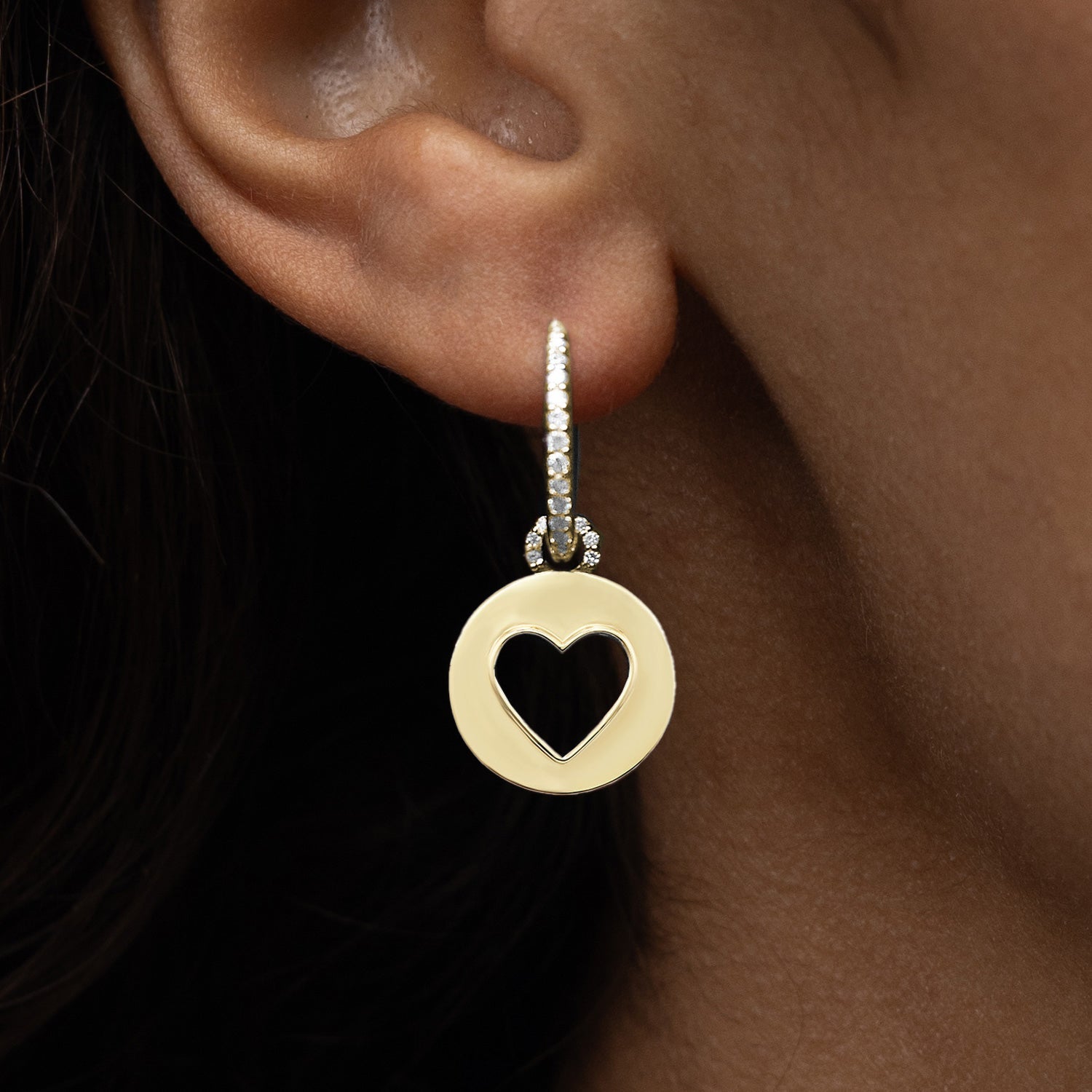 14k Open Heart Charm Drops on Diamond Huggie Hoop Earrings