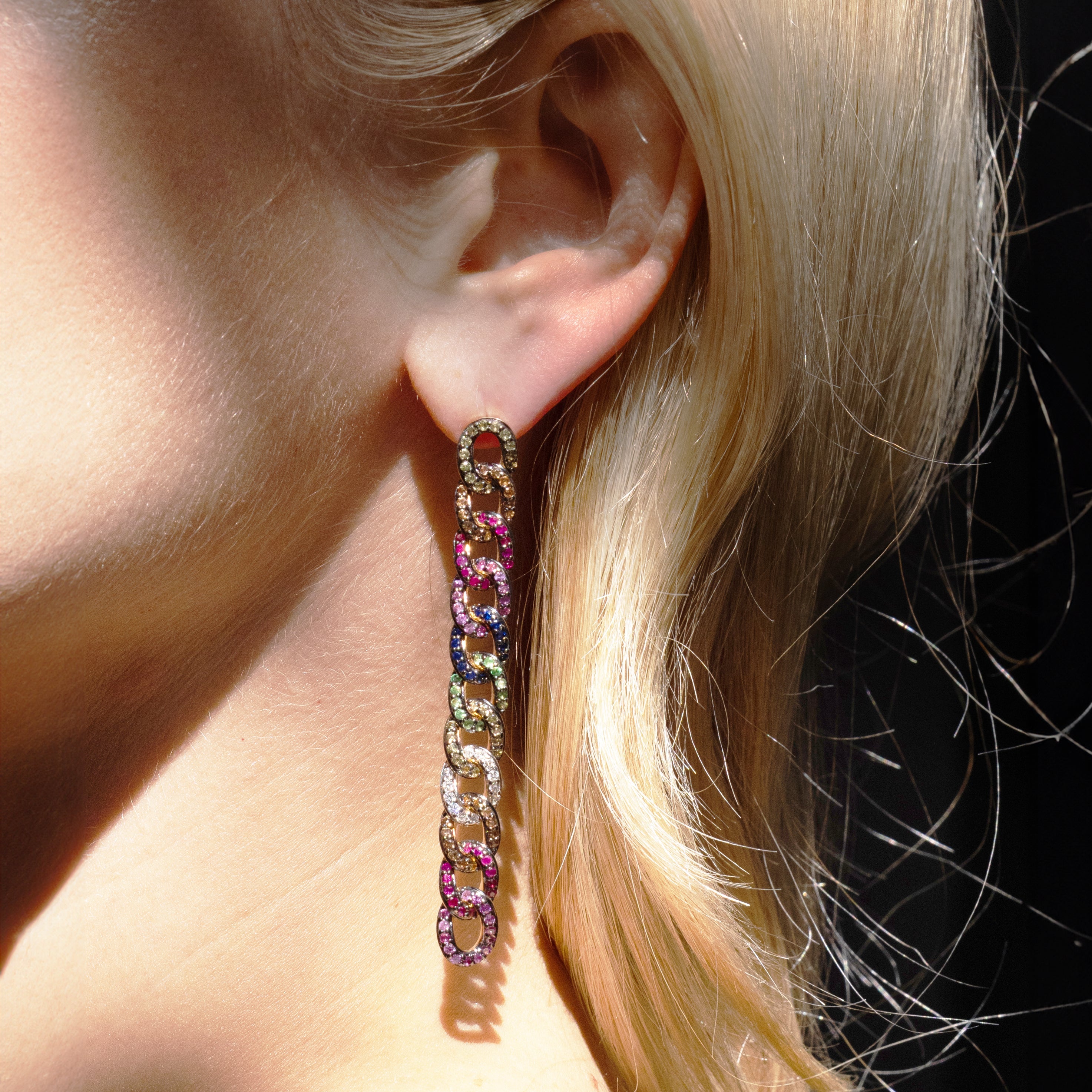 14k Rainbow Sapphire Stone Curb Chain Earrings