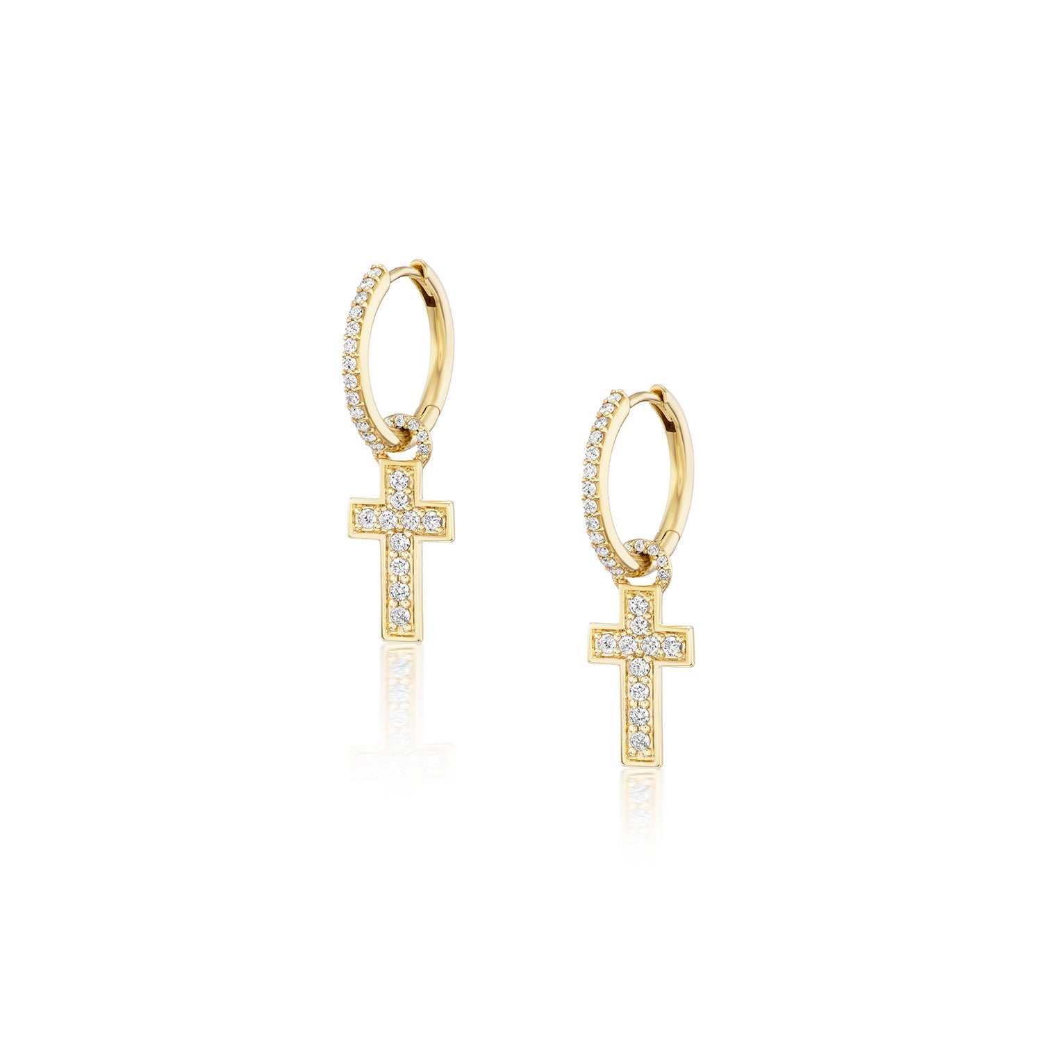 14k Diamond Cross Charm on Diamond Huggie Earrings