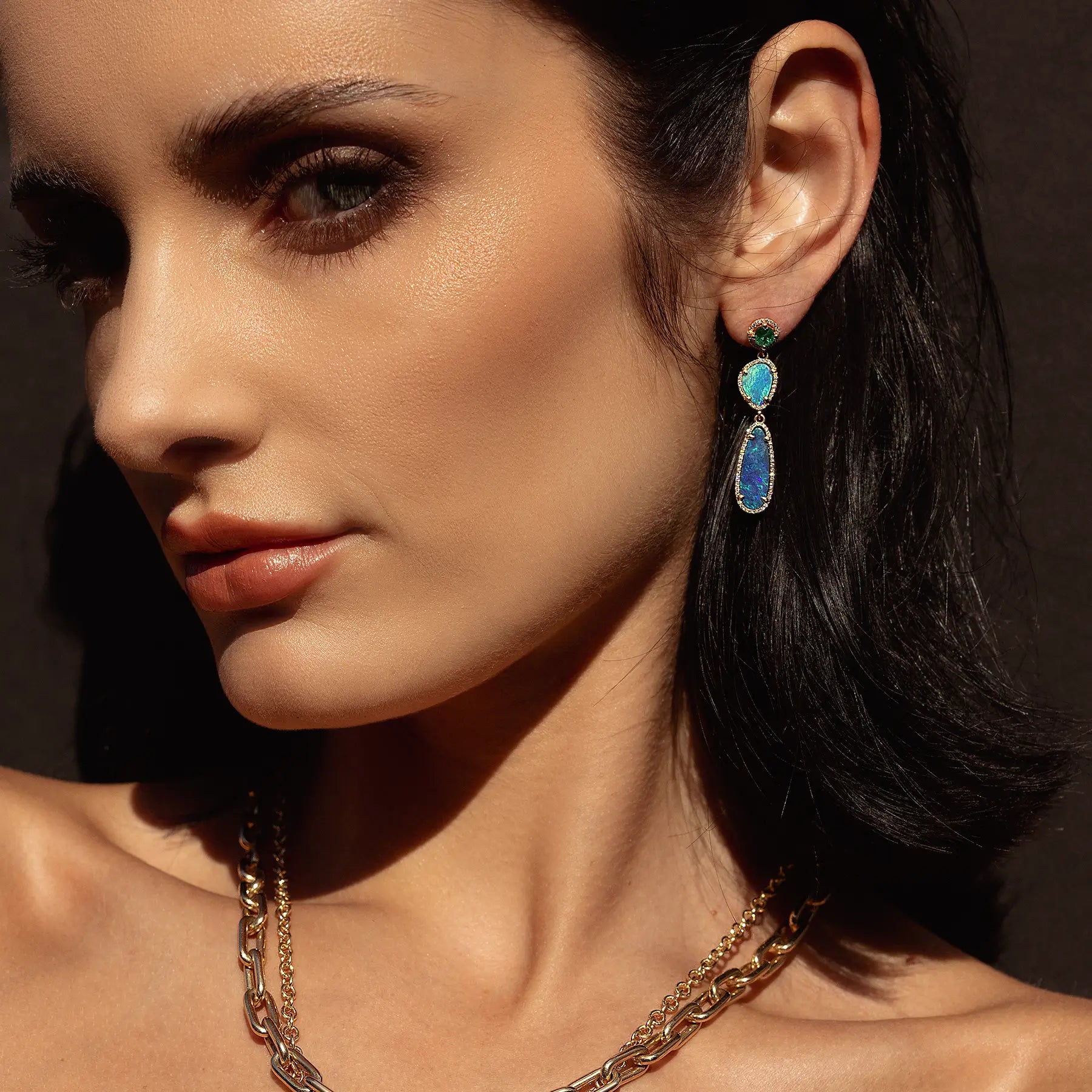 14k Emerald & Opal Freeform Drop Earrings - One of a Kind