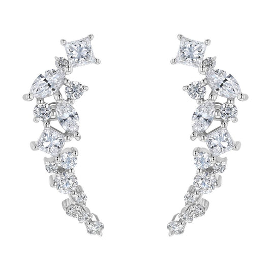 14K White Gold 1.0 carat Princess, Marquise and Round Diamonds Ear Climber Earrings
