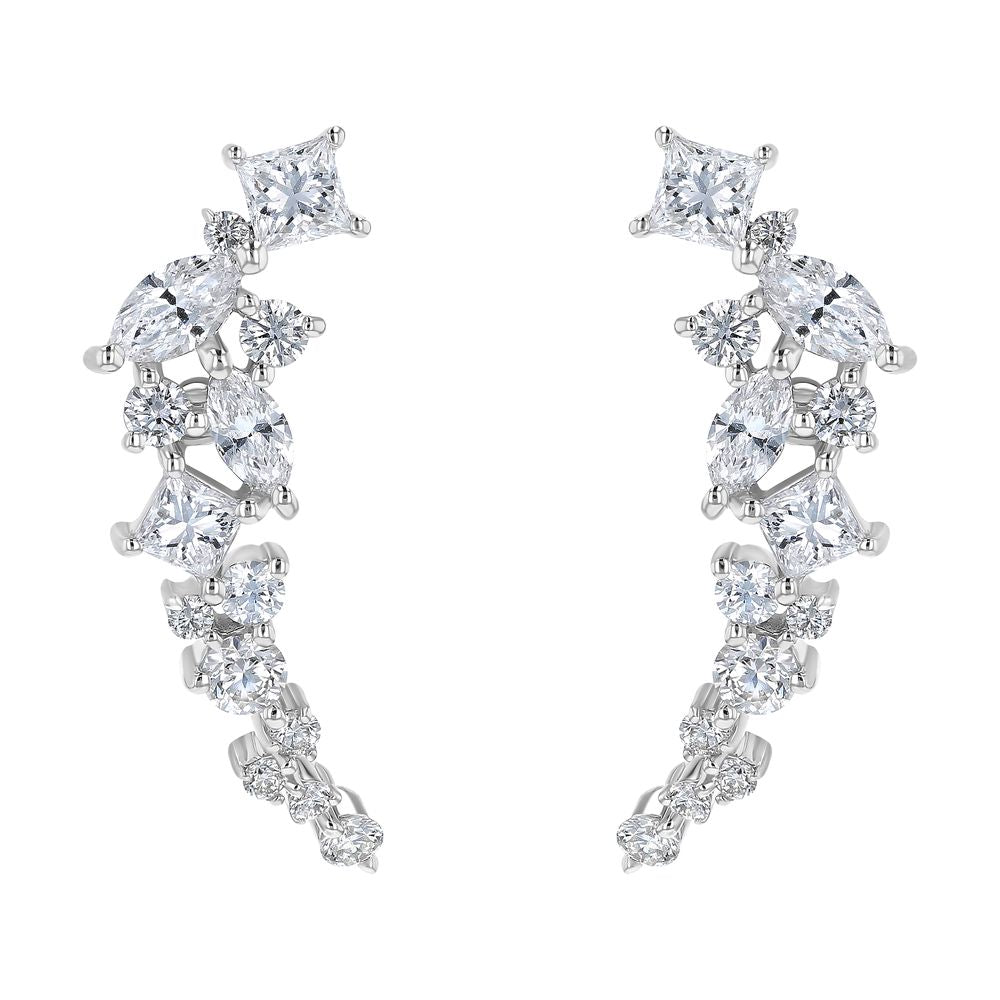 14K White Gold 1.0 carat Princess, Marquise and Round Diamonds Ear Climber Earrings