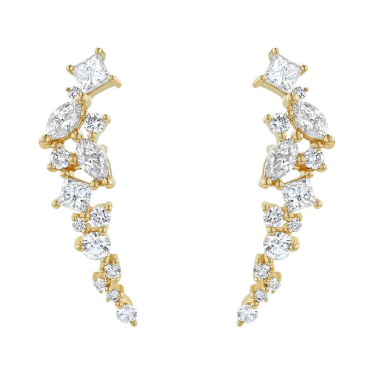 14K Yellow Gold 1.0 carat Princess, Marquise and Round Diamonds Ear Climber Earrings