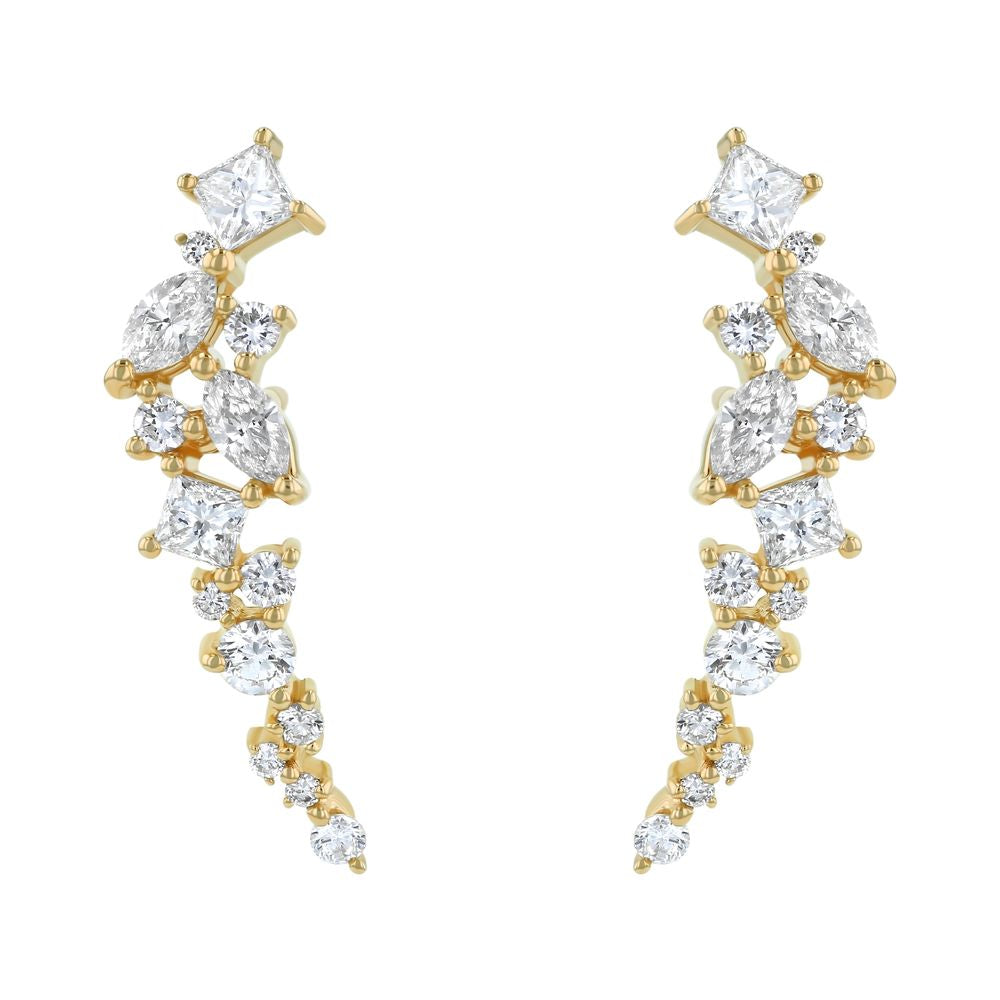 14K Yellow Gold 1.0 carat Princess, Marquise and Round Diamonds Ear Climber Earrings