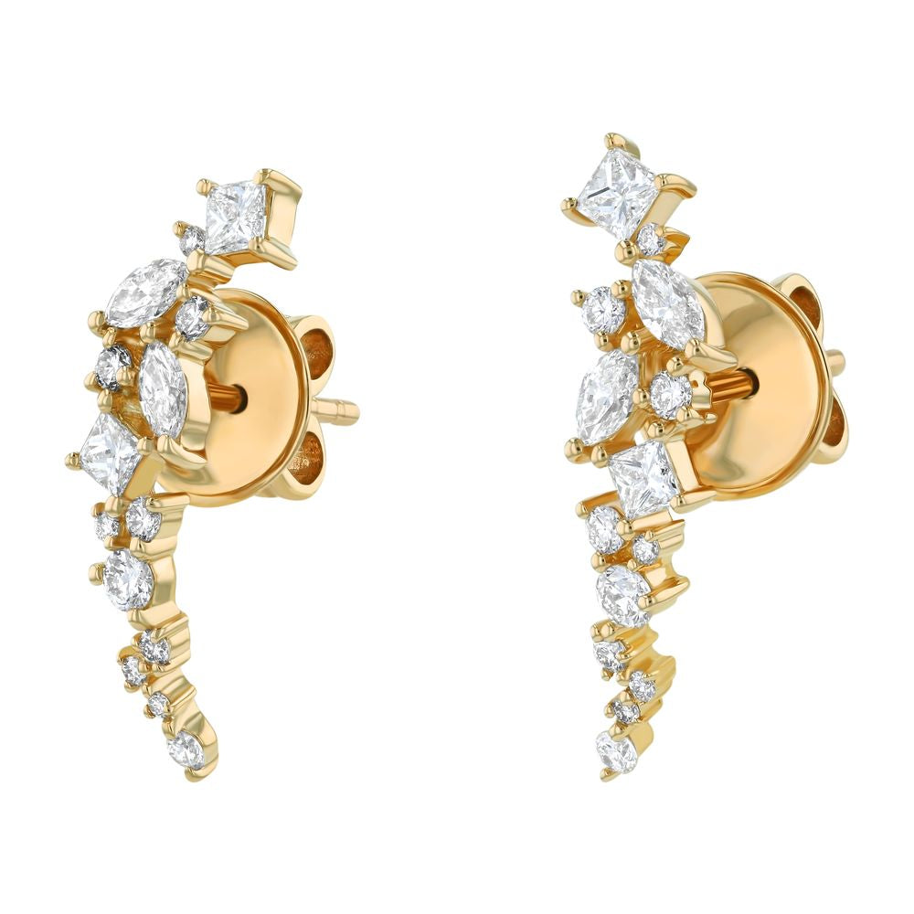 14K Yellow Gold 1.0 carat Princess, Marquise and Round Diamonds Ear Climber Earrings